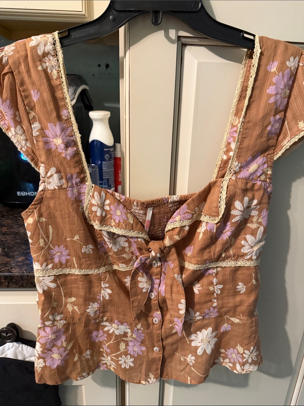 Free People Rust Brown Floral Tie-Front Blouse